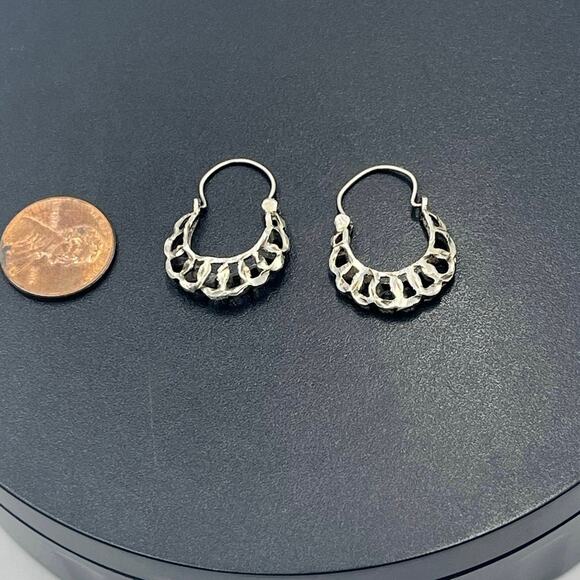 Sterling Silver Basket Weave Diamond Cut Crescent Shaped Filigree Hoop Earrings - Picture 6 of 9